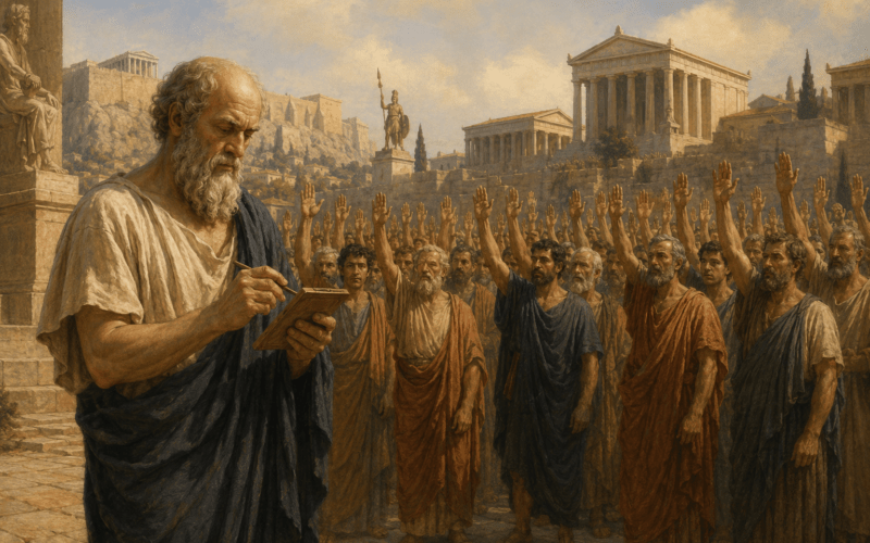 Socrate face à une foule unanime, illustration de la différence entre majorité et vérité.